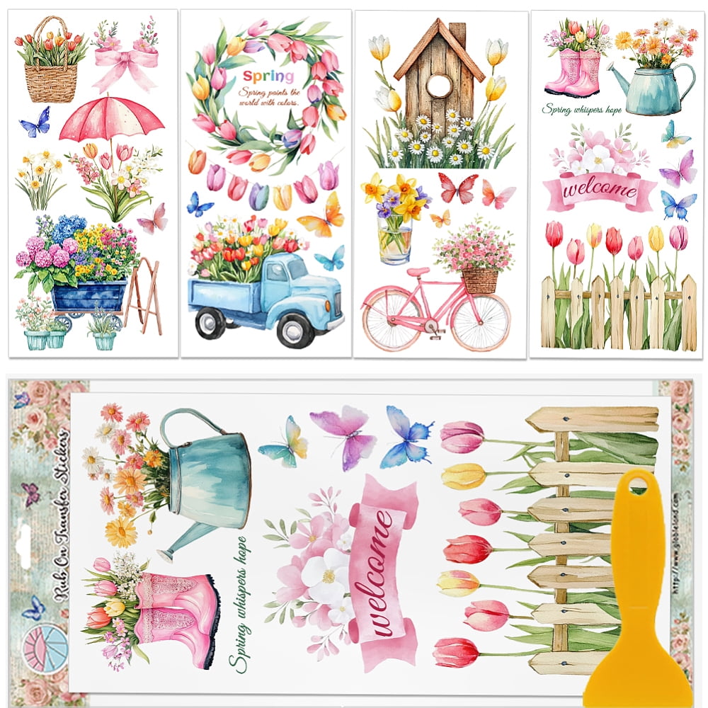 Flower Transfer Stickers 4 Sheets Tulips Flowers Furniture Transfer 6x12inch Garden Truck Rub on ...