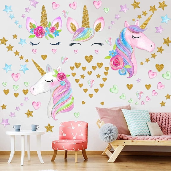 4 Sheets Unicorn Wall Decals Stickers for Girls Room,Large Size Unicorn Wall Sticker Decor for Gilrs Kids Bedroom Birthday Party