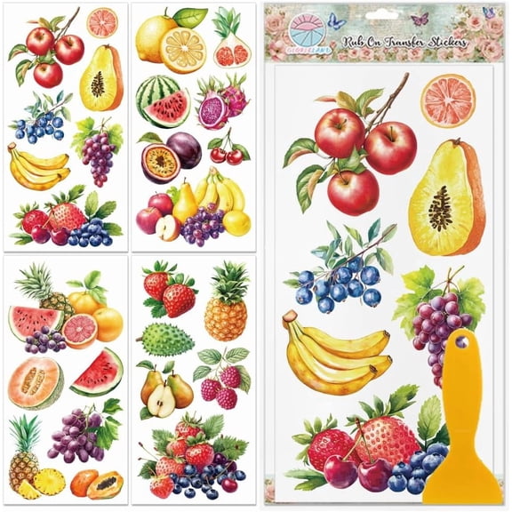 4 Sheets Various Fruits Rub on Transfers for Furniture Decor 11.8x5.9 inches Colorful Fruits Waterproof UV DTF Decals Summer Foods Transfer Stickers for Desk Bedroom Living Room PVC
