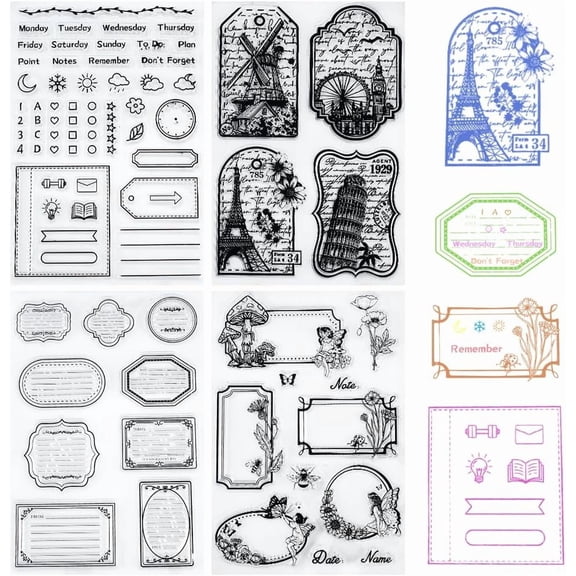4 Sheets Vintage Blank Labels Clear Stamps Tower Notes Vintage Background Reusable Transparent Silicone Stamp Seals