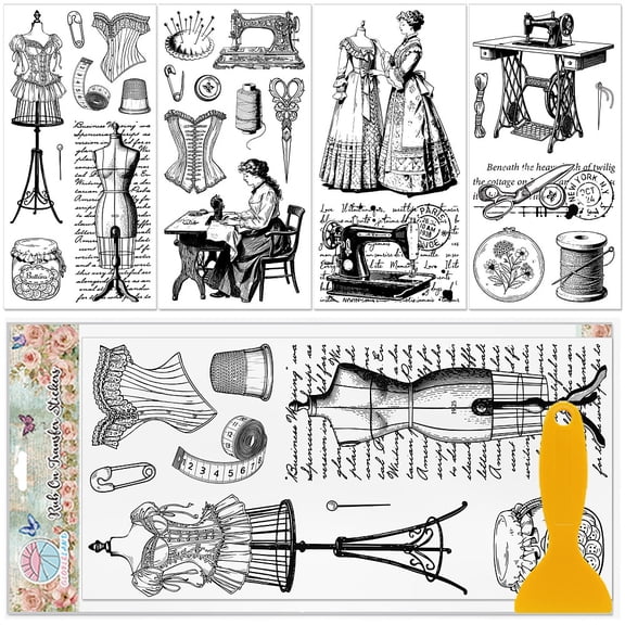 4 Sheets Vintage Sewing Furniture Transfers Stickers 6x12inch Sewing Machines Rub on Transfer UV Self-Adhesive Stickers Wall Art Craft