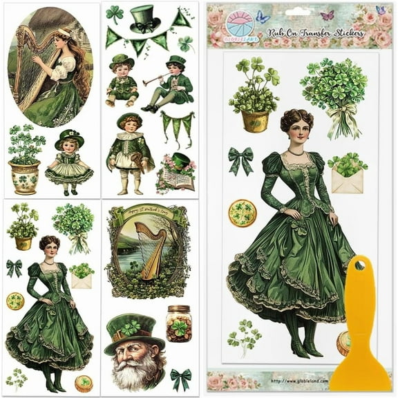 4 Sheets Vintage St. Patrick's Day Rub on Transfers Shamrock Furniture Decor Transfers Sticker Character UV Transfers Decal Craft for Bedroom Living Room Desk Table Decoration