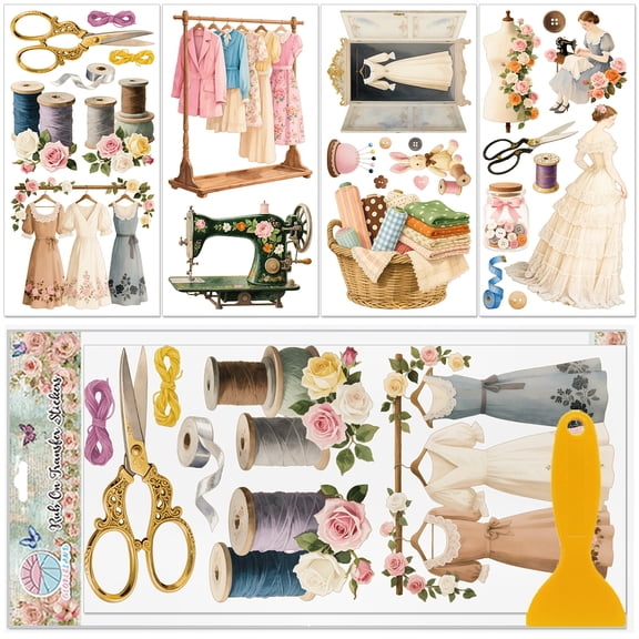 4 Sheets Vintage Wardrobe Rub on Transfer Stickers for Furniture 12x6inch Retro Lady Clothing Transfer Decals Sewing Fabric UV Self-Adhesive Stickers