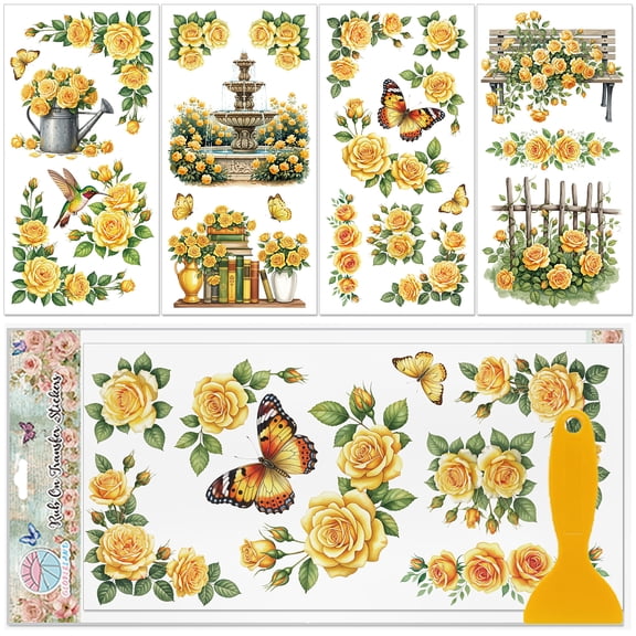4 Sheets Vintage Yellow Rose Corner Furniture Transfers 6x12inch Garden Fountain Butterfly Birds Rub on Transfer UV Self-Adhesive Stickers Wall Art Craft