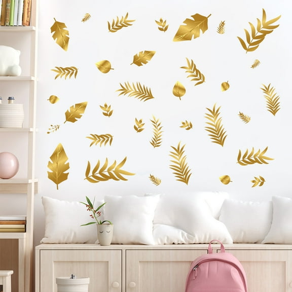 4 Sheets Wall Decals Golden Leaves Stickers Vinyl Peel and Stick Self-adhesive Removable Wall DIY Decor for Living Room Bedroom