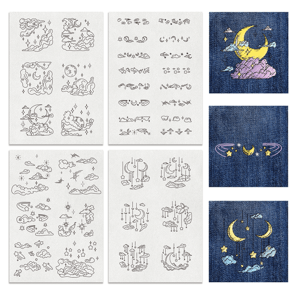 4 Sheets Water Soluble Embroidery Patterns Cloud Stitch Embroidery Paper Moon and Stars Water Soluble Stabilizers for Carves Shirts Coats Bags Towels