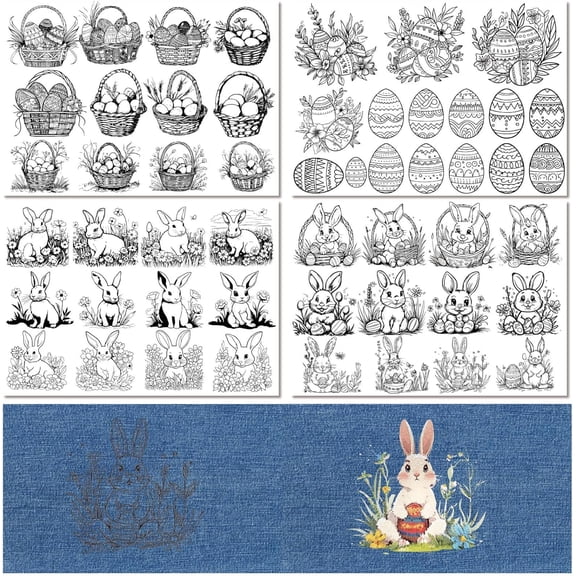 4 Sheets Water Soluble Embroidery Patterns Easter Rabbit Egg Hand Sewing Stick and Stitch Transfers Fabric Wash Away Pre-Printed Self Adhesive Hand Sewing Stabilizers