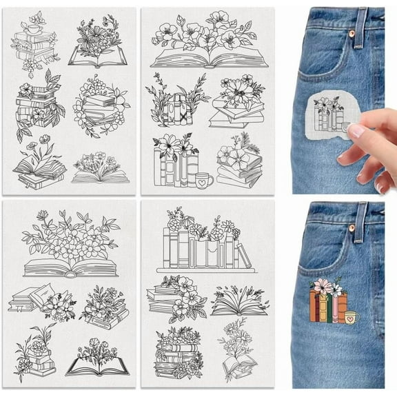 4 Sheets Water Soluble Embroidery Stabilizers 11.69x8.27 Inches Book and Flower Stick and Stitch Embroidery Paper Adhesive Embroidery Transfer Paper for Shirts Coats Bags Mixed Color