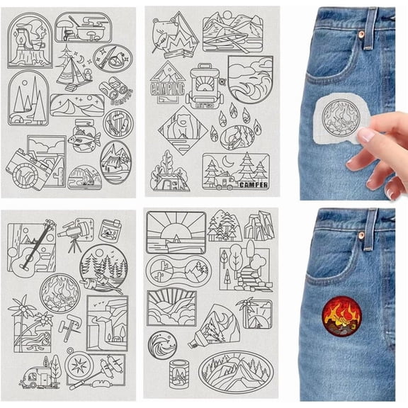 4 Sheets Water Soluble Embroidery Stabilizers 11.69x8.27 Inches Camping Themed Stick and Stitch Embroidery Paper Adhesive Embroidery Transfer Paper for Shirts Coats BagsMixed Color