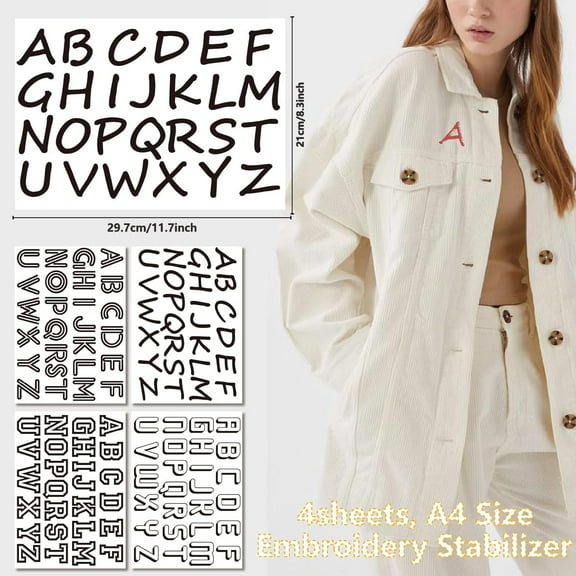 4 Sheets Water Soluble Embroidery Stabilizers Letter Patterns Initial Alphabet A-Z Hand Sewing Stick Stitch for Bag Cloth Sewing Needlework Transfers Paper Wash Away Pre-Printed Self Adhesive