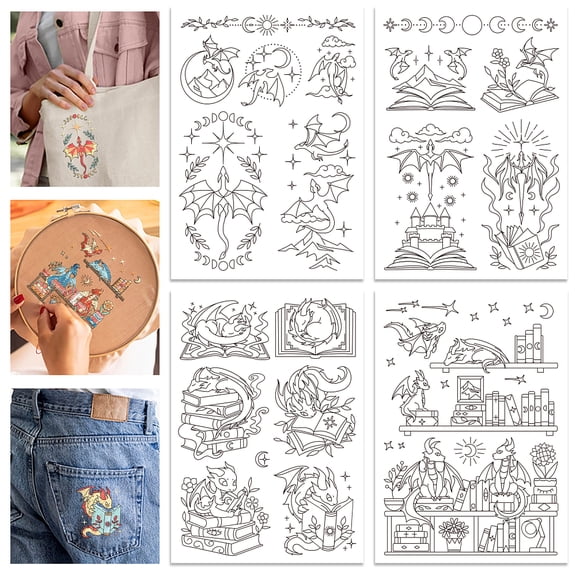 4 Sheets Western Dragon Water Soluble Hand Sewing Stabilizers Magic Books Wash Away Embroidery Stabilizer DIY Flowers Embroidery Stitch Practice