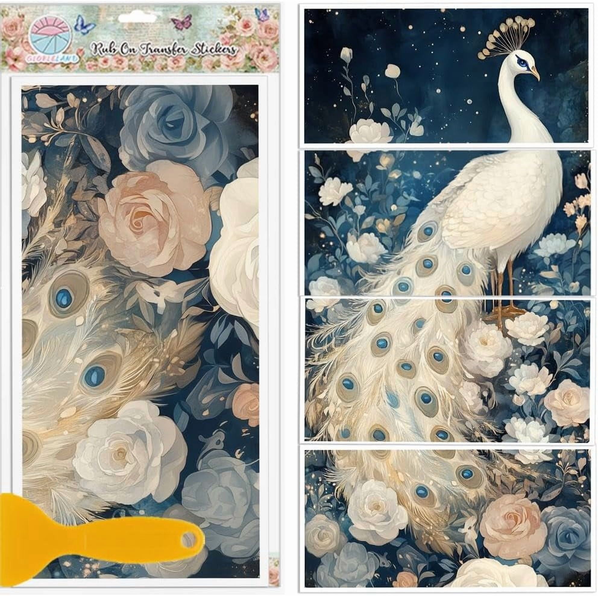 4 Autocollants Transfert Motifs Paon – 6x12 Pouces, Fleurs Et Plumes, Pour Décorer Meubles, Murs, Verre
