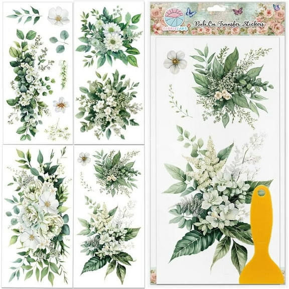 4 Sheets White and Green Bouquet Rub on Transfers Vintage Wild Grass Furniture Transfers Sticker Leaves Plants UV Transfers Decal Craft