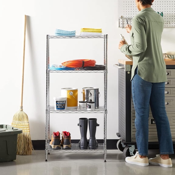 4-Shelf Adjustable Storage Shelving Unit for Garage, Steel Wire Rack, 200 Pound Loading Capacity per Shelf, 13.4"D x 23.2"W x 48"H, Chrome