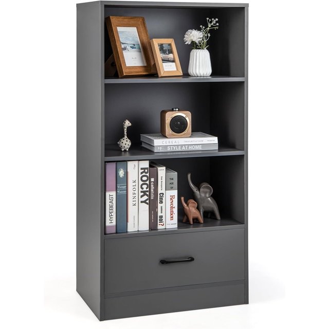 4 Shelf Bookcase with 2 Drawers 74 Inch 4 Tiers Tall Open Bookshelf