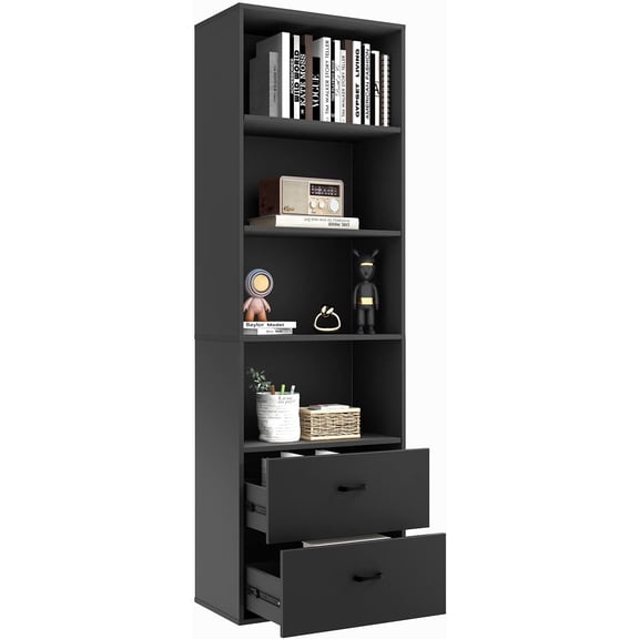 4 Shelf Bookcase with Drawers, Tall Bookshelves and Bookcases, Vertical Bookshelf Tower, Wood Storage Shelves, Modern Book Shelf for Bedroom, Living Room, Home Office (Black)