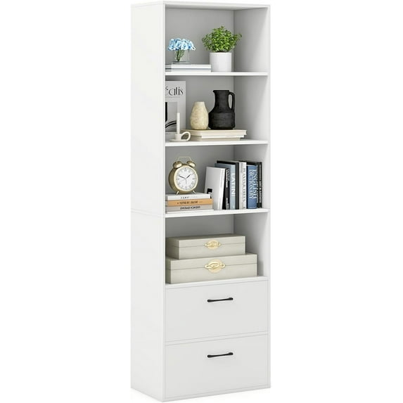 4 Shelf Bookcase with Drawers, Tall Bookshelves and Bookcases, Vertical Bookshelf Tower, Wood Storage Shelves, Modern Book Shelf for Bedroom, Living Room, Home Office (White, 74''H)