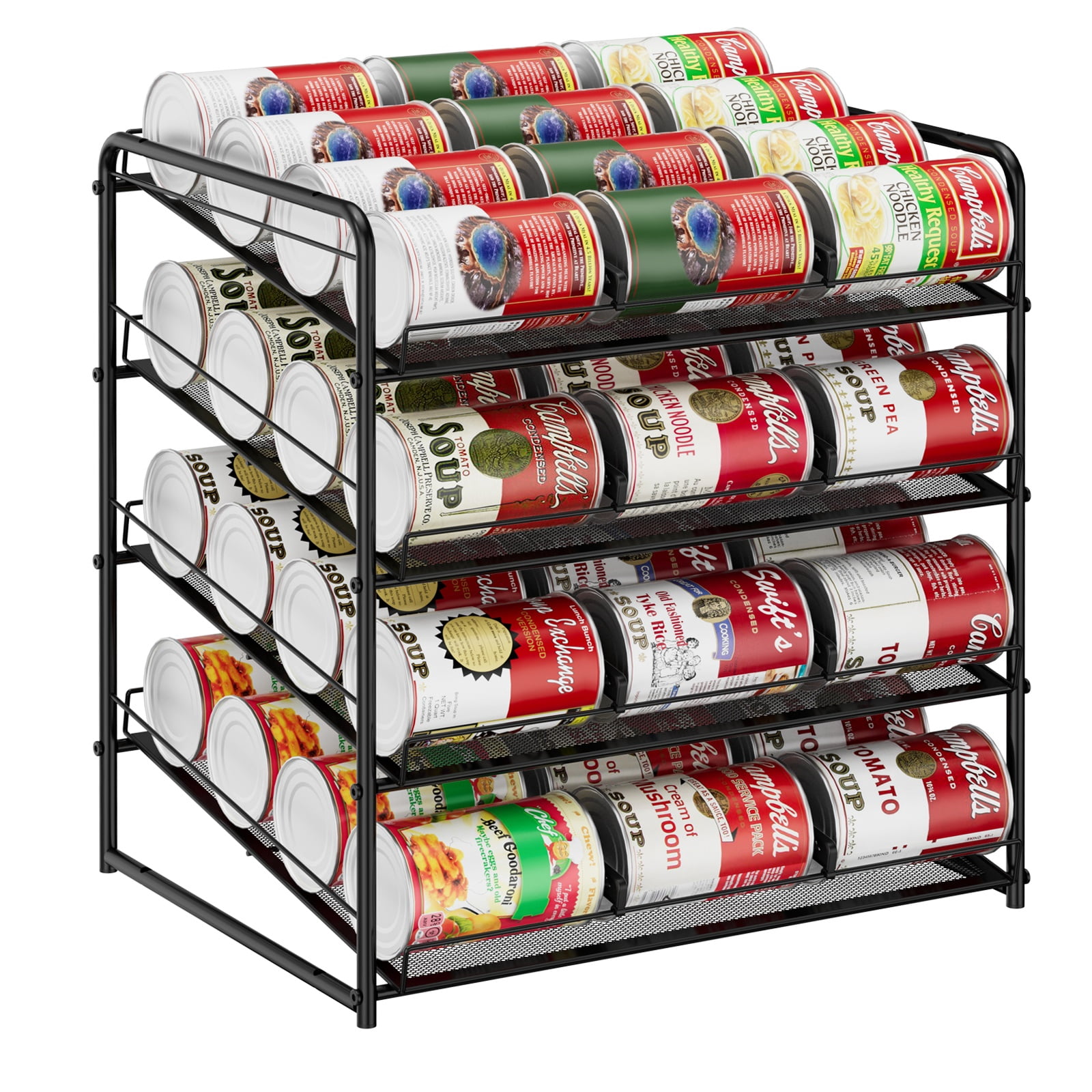 4-Shelf Can Rack Black, Metal Storage Organizer for Kitchen Pantry, Canned Food Holder with Large Capacity Black