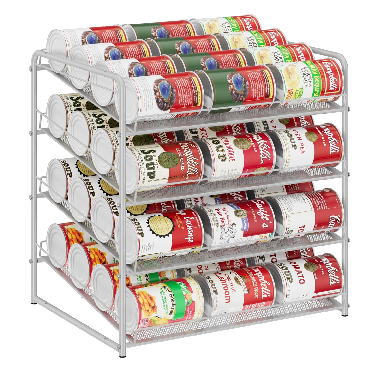 4-Shelf Can Rack Black, Metal Storage Organizer for Kitchen Pantry, Canned Food Holder with Large Capacity Silver