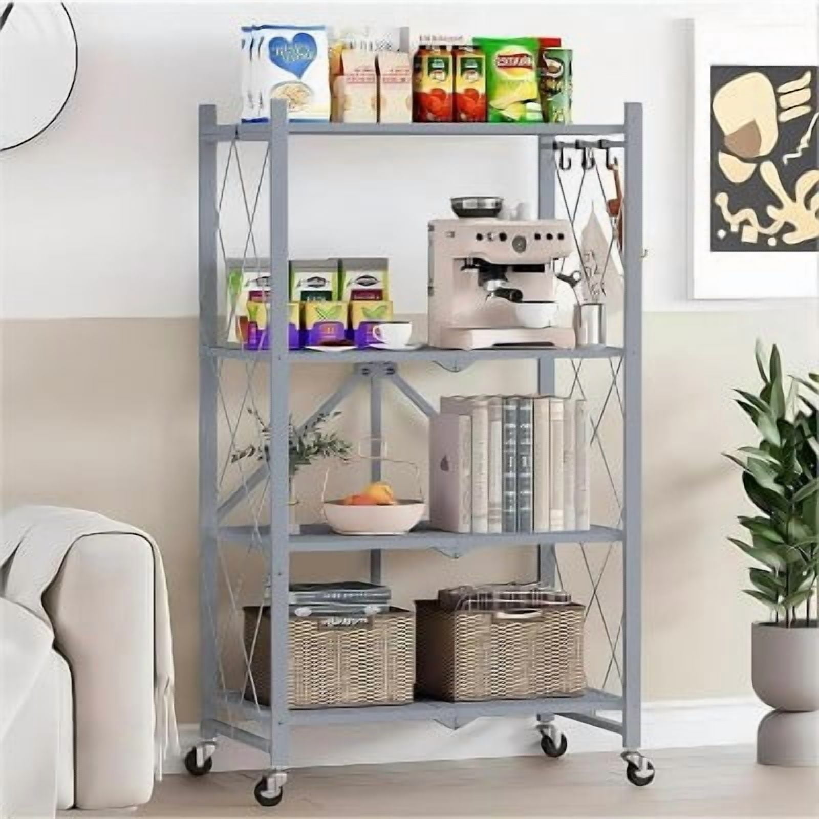 4-Shelf Collapsible Storage Rack with Wheels – Heavy Duty Metal, Easy ...