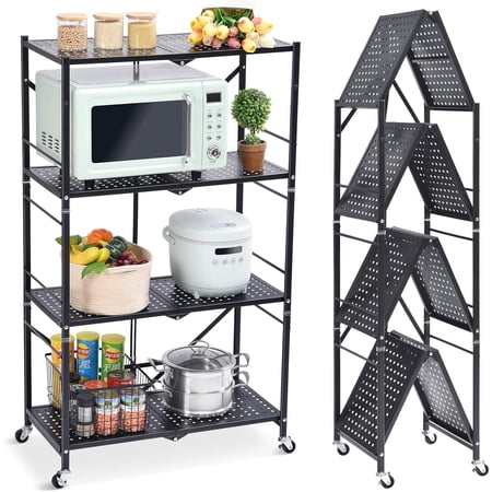 4-Shelf Foldable Storage Shelves with Wheels, Large Capacity Shelving Unit, Freestanding Metal Rack, 1 Piece, Black