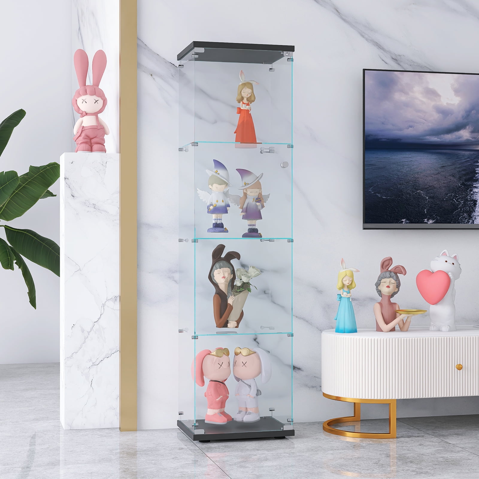 4-Shelf Glass Display Cabinet with Glass Doors,Floor Standing Curio Bookshelf Collection Display Case for Living Room Bedroom Office,Black