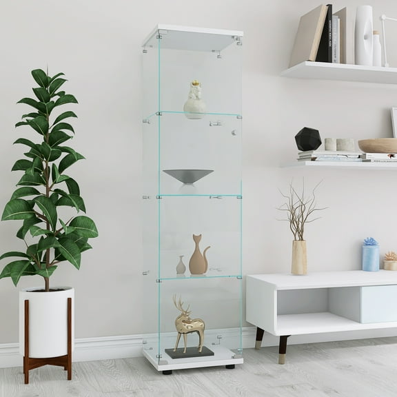 4-Shelf Glass Display Cabinet with Glass Doors,Floor Standing Curio Bookshelf Collection Display Case for Living Room Bedroom Office,White
