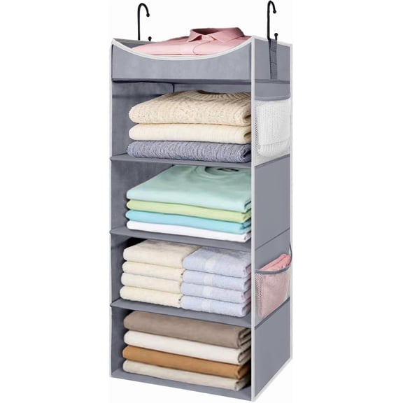 4-Shelf Hanging Closet Organizer and Storage with 4 Side Pockets, Collapsible Closet for Storage, Grey