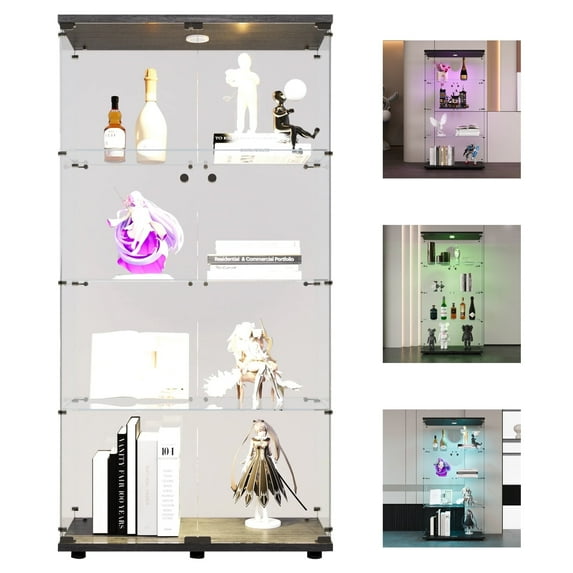 mayceyee Glass Display Cabinet 4-Shelf with Led Lamp and Metal Handle, Lock, Lighted Curio Cabinet Collection Display Case, Floor Standing Showcase Organizer for Home Office