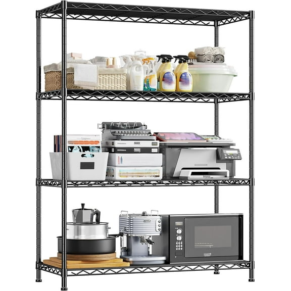 4- Shelf Metal Shelving Unit Adjustable Storage Shelves Heavy Duty Garage Shelving Steel Wire Shelving for Laundry Bathroom Kitchen Pantry Closet Garage Black, 35.6Wx16Dx54H