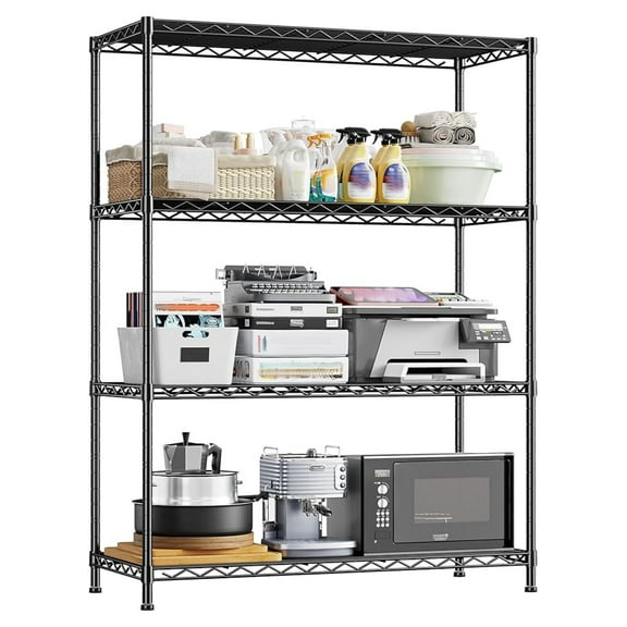 4- Shelf Metal Shelving Unit Adjustable Storage Shelves Heavy Duty Garage Shelving Steel Wire Shelving for Laundry Bathroom Kitchen Pantry Closet Garage Black, 35.6Wx16Dx54H