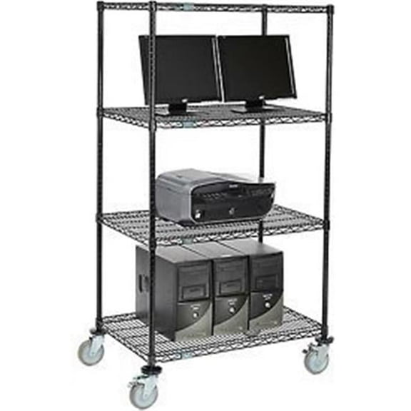 4-Shelf Mobile Wire Computer LAN Workstation - Black - 36 x 24 x 69 in.