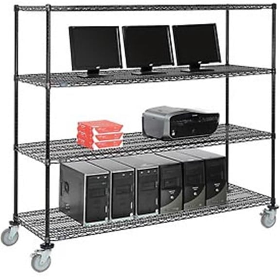 4-Shelf Mobile Wire Computer LAN Workstation - Black - 72 x 24 x 69 in.