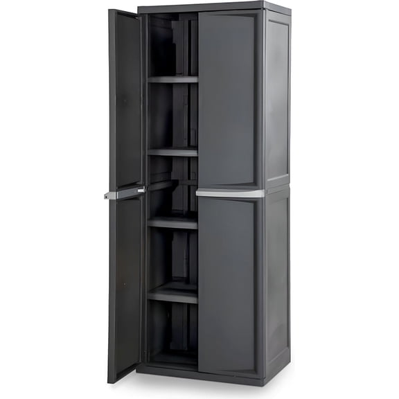 4-Shelf Plastic Storage Cabinet with Doors, Adjustable Shelves, Garage Utility Cabinet, Gray