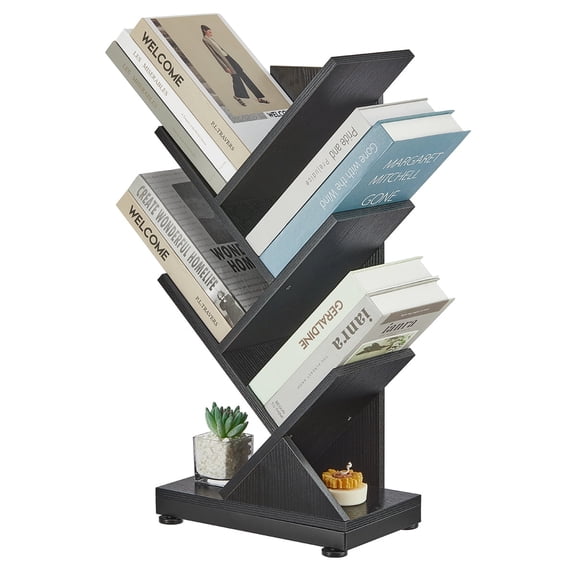 4-Shelf Tree Bookshelf, 4 Tier Floor Standing Bookcase for CDs/Magazine/Books, Small Book Organizer for Bedroom, Living Room, Office,Balcony,Retro Storage Shelves,Black