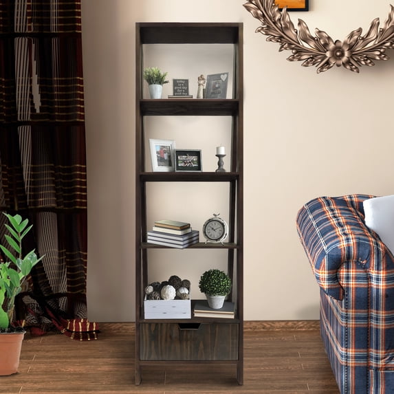 4 Shelf Wooden Ladder Bookcase with Bottom Drawer, Distressed Brown- Saltoro Sherpi