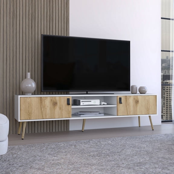 4 Shelves 2 Hinged Doors Pine TV Rack / Ideal for Living Room Bedroom Office Storage