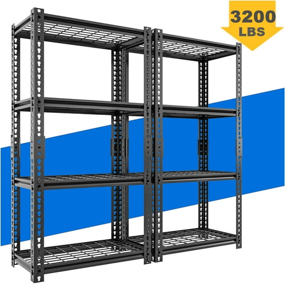 4 Shelves Adjustable Storage Steel Wire Shelves Black, 63" Tall Steel Wire Shelving Unit Heavy Duty Utility Racks for Garage Basement Kitchen Closet Oganization, 3200 lbs Capacity, 2PC