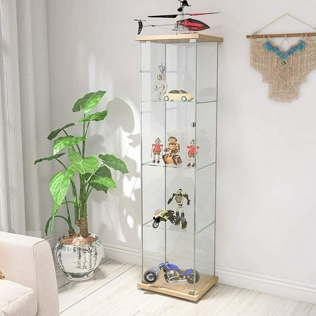 4 Shelves Curio Cabinet Glass Display Case Display Shelves Showcase for Collectibles Cabinet Display Cabinet with Door, 14.5" D x 17" W x 64" H (Natural)
