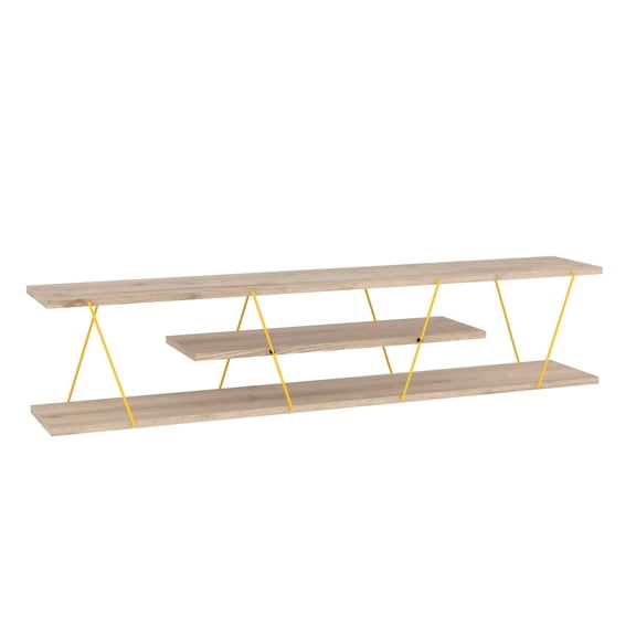 4 Shelves Tv Stand Mid Century Modern, Open Storage In Yellow/oak, 56 Inch Low Unit, Solid Wood Entertainment Centre Modern With Shelves, Centre, Tv Unit Construction