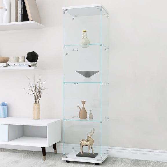 4 Shelves White Glass Display Cabinet With Door - Attractive And A Contemporary Storage