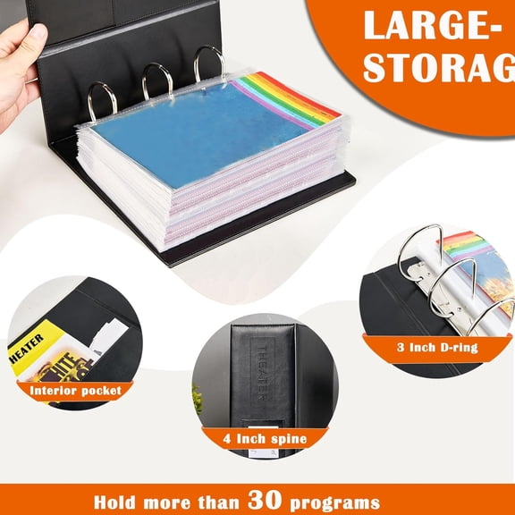 4 Show-Bill Binder Includes 30 Sleeves with Top Flap, D Ring Organizer for Broadway and Theater Gift, PU Leather with Laber Holder$$