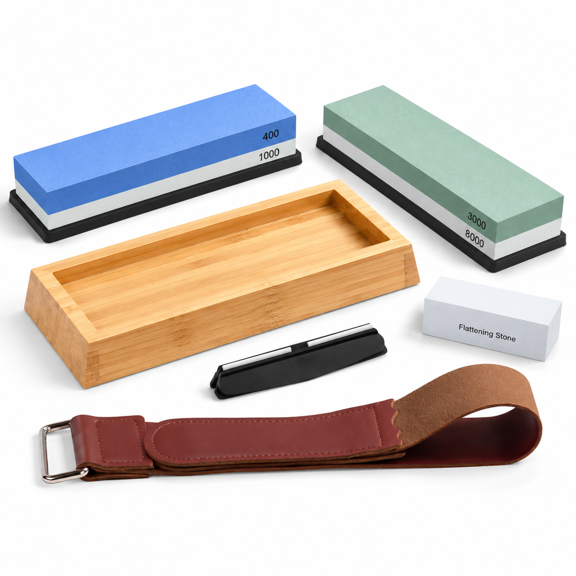 4-Side Grit Whetstone Sharpening Kit with Rubber Bases, Wood Holder and Leather Strop
