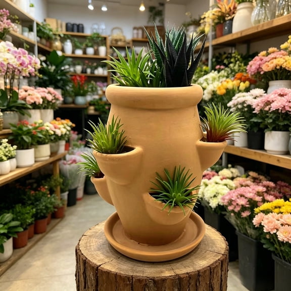 4 Side Pockets Terracotta Ceramic Vertical Tower Planter With Drainage Tray, Multi-Pocket Stacked Herb Succulent Strawberry Pot, For Balcony Patio Indoor Small Space Vertical Gardening