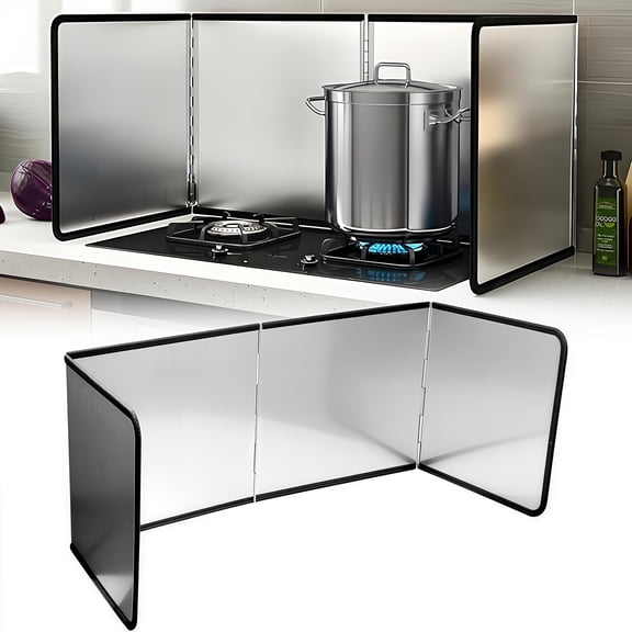 4-Sided Foldable Splatter Guard - 31.5'' Stainless Steel Splash Screen with Nonstick Coating | Heat Resistant Oil Shield for Gas Range & Frying Pan | Commercial Kitchen Backsplash Protector