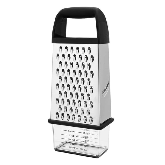 4-Sided Stainless Steel Cheese Grater With Container, Slip Resistant Base and Handle, Grate Parmesan, Hard Cheeses, Shred Vegetables, Dishwasher Safe
