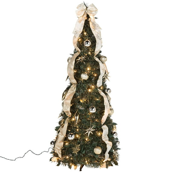 4' Silver & Gold Pull-Up Chrisas Tree by Holiday Peak, Pre-Lit and Fully Decorated, Collapses for Easy Storage