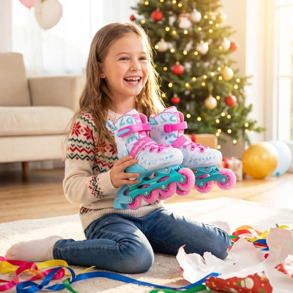 4-Size Adjustable Kids Inline Skates with Led Wheels, Abec-7 Bearings, and Rear Brake, Blue and Pink