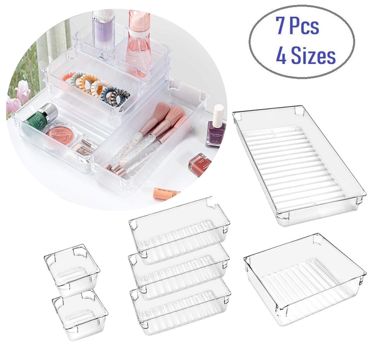 Chris.W Desk Drawer Organizer Tray with Adjustable Dividers, Multi-Drawers  for Makeups, Utensil, Pens, Flatware and Junks - Set of 4 (2 Large + 2