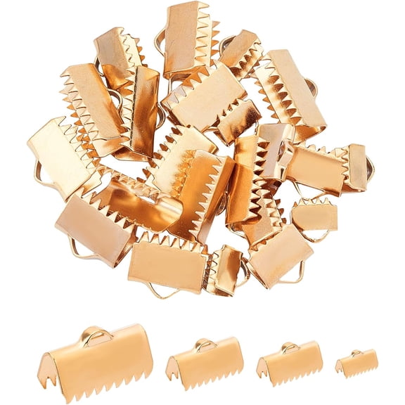 4 Sizes 24pcs Golden Rectangle Ribbon Ends Stainless Steel Ribbon Clamp Crimps with Loop Ribbon Ends Fastener Clasp Leather Crimp Ends for Jewelry Making for DIY
